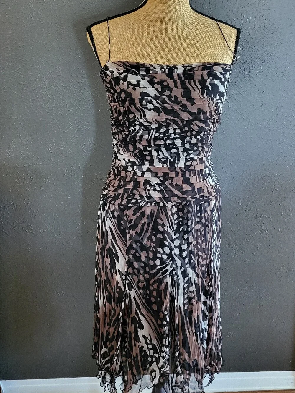 Tadashi Shoji 90s Size 10 Silk Chiffon Animal Print Strapless Dress Size 10 - Picture 1 of 9